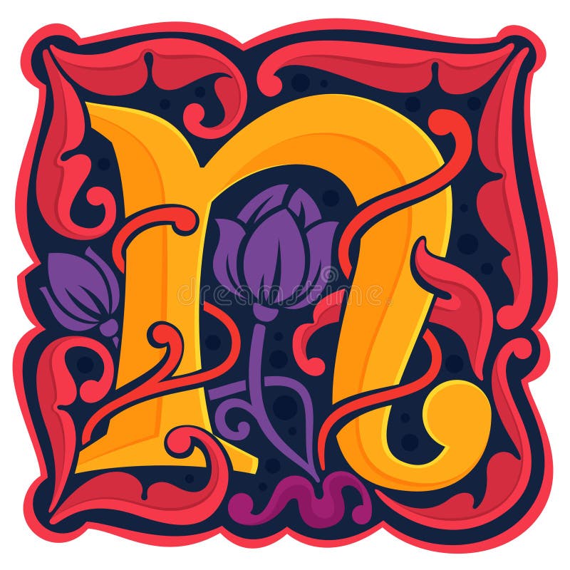 Kleurrijk, antiek gotisch initiaal logo met de letter N royalty-vrije illustratie