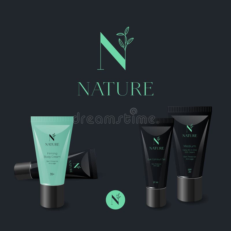N letter. N monogram. Nature logo. Green letter with leaves on a dark background. Branded cream tubes. royalty free illustration N letter. N monogram. Nature logo. Green letter with leaves on a dark background. Branded cream tubes. royalty free illustration