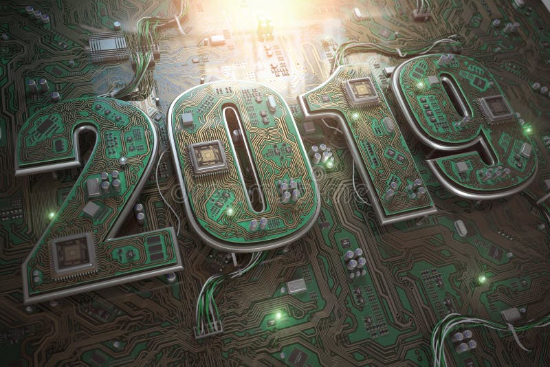 2019 na obwód płycie głównej z jednostką centralną lub desce Komputerowy technolo ilustracji 2019 na obwód płycie głównej z jednostką centralną lub desce Komputerowy technolo ilustracji