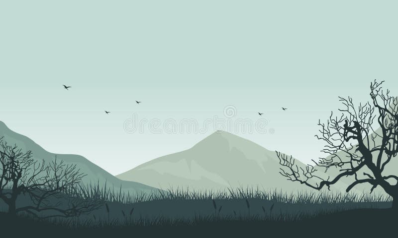 Na wiejskim wsi widniał poranek z fantastycznymi widokami na góry i sylwetką traw wokół niego. wektor ilustracji