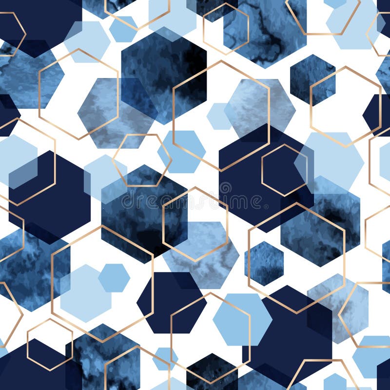 Naadloos abstract geometrisch patroon met goudfolie en diepe blauwe waterkleurhexagons