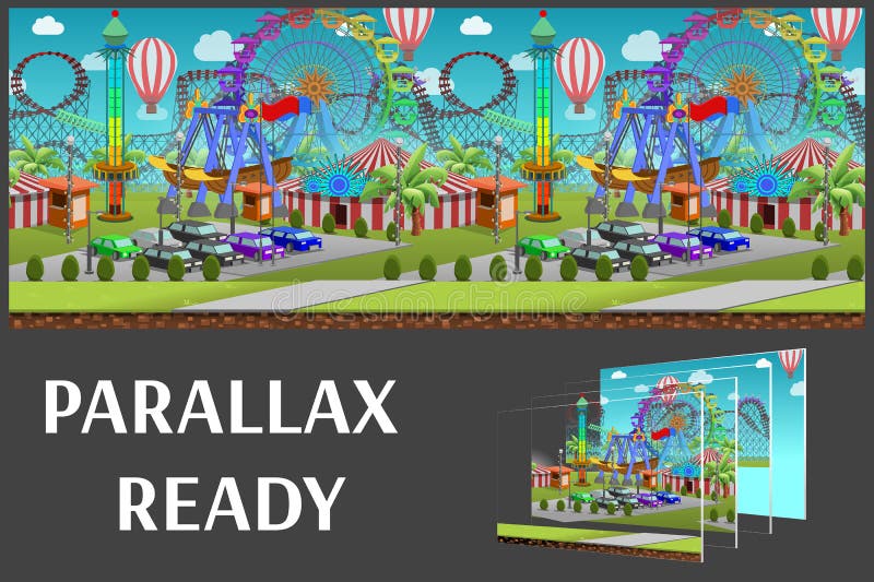 Naadloos beeldverhaalpretpark, de zomerlandschap, vector oneindige achtergrond met gescheiden lagen royalty-vrije illustratie Naadloos beeldverhaalpretpark, de zomerlandschap, vector oneindige achtergrond met gescheiden lagen royalty-vrije illustratie