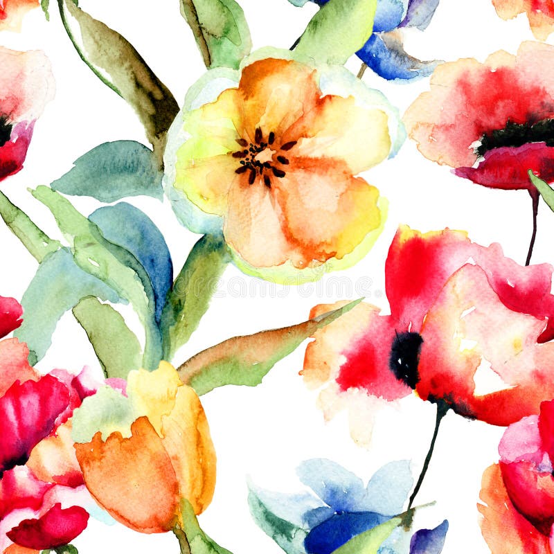 Seamless wallpaper with Yellow Tulips and Poppy flowers, Watercolor painting. Seamless wallpaper with Yellow Tulips and Poppy flowers, Watercolor painting