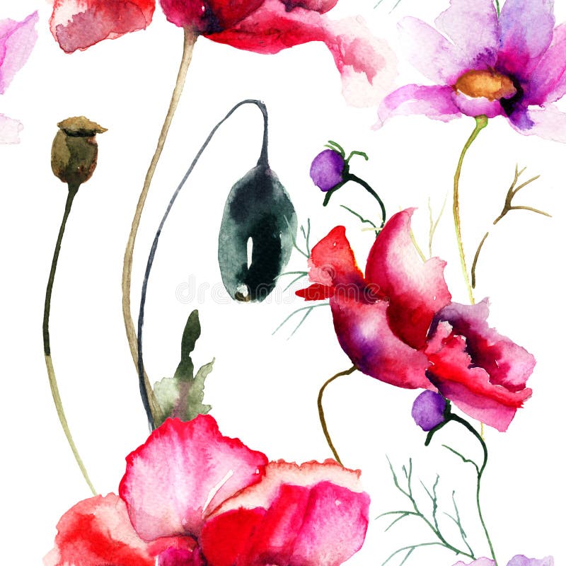 Seamless wallpaper with Poppy flowers, watercolor illustration. Seamless wallpaper with Poppy flowers, watercolor illustration