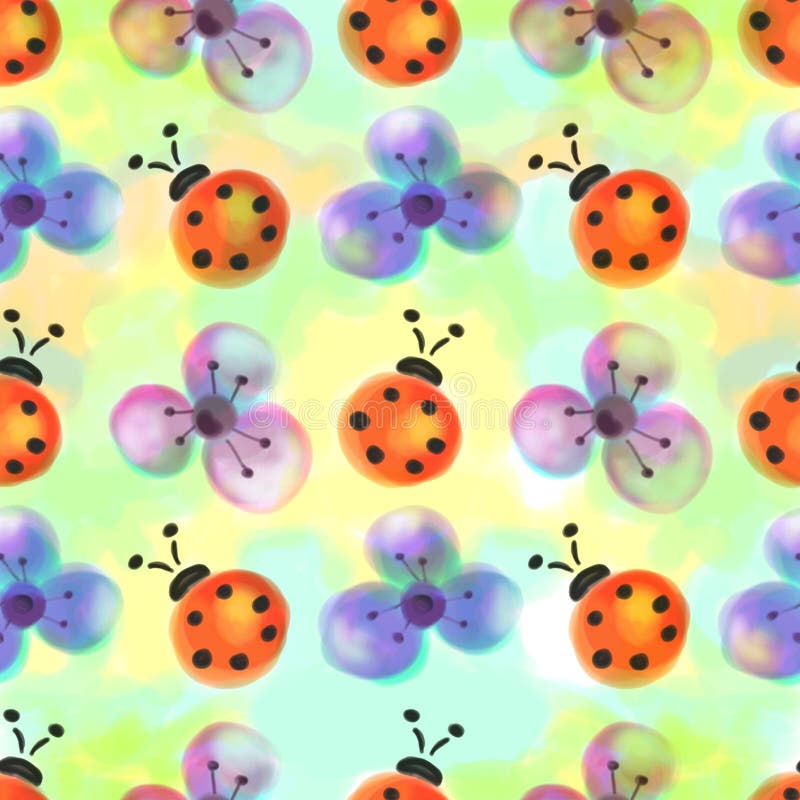 Naadloos bloemenpatroon met insecten Waterverfachtergrond met hand getrokken bloemen en lieveheersbeestjes vector illustratie Naadloos bloemenpatroon met insecten Waterverfachtergrond met hand getrokken bloemen en lieveheersbeestjes vector illustratie