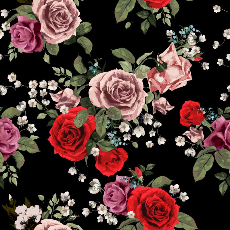 Seamless floral pattern with red and pink roses on black background, watercolor. Vector illustration. Seamless floral pattern with red and pink roses on black background, watercolor. Vector illustration.