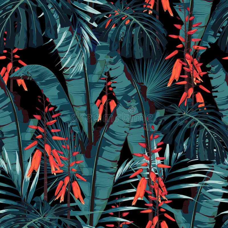 Naadloos de stijlontwerp van de patroon vector bloemenwaterverf: succulent in bloei met oranje bloemen en palm en bananenbladeren vector illustratie Naadloos de stijlontwerp van de patroon vector bloemenwaterverf: succulent in bloei met oranje bloemen en palm en bananenbladeren vector illustratie