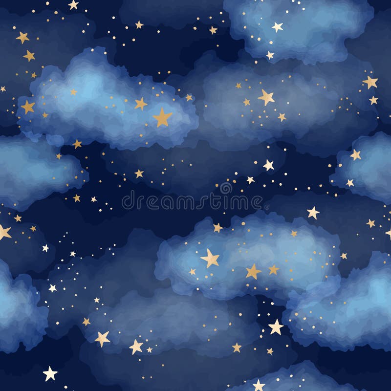 Naadloos donkerblauw nachtpatroon met gouden folieconstellatie sterren en waterkleurwolken