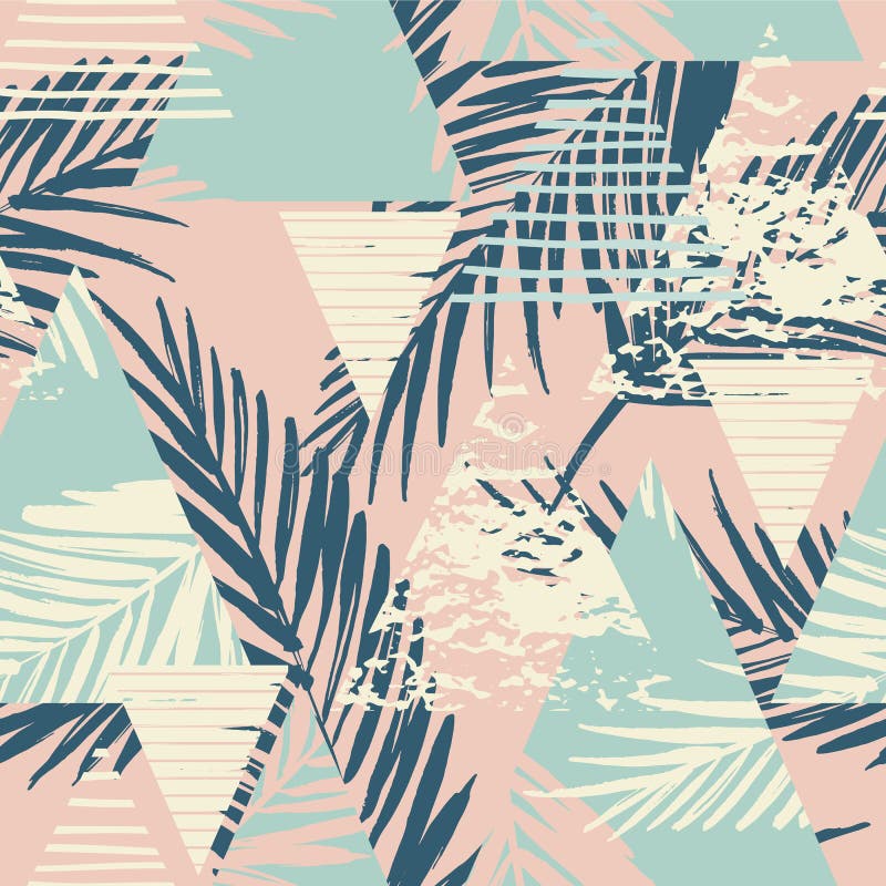 Naadloos exotisch patroon met palmbladen op geometrische achtergrond vector illustratie Naadloos exotisch patroon met palmbladen op geometrische achtergrond vector illustratie