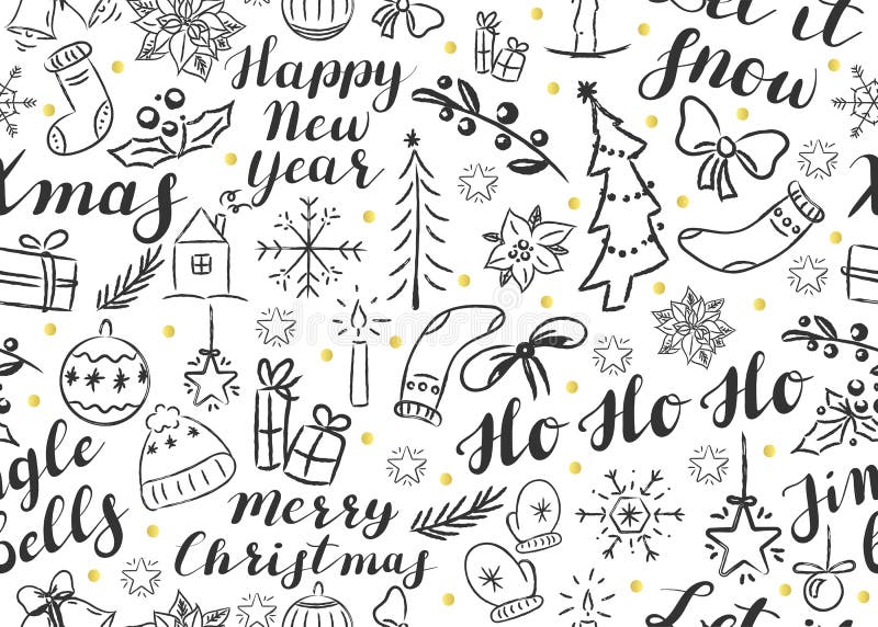 Naadloos Kerstmispatroon met het van letters voorzien en krabbels stock illustratie Naadloos Kerstmispatroon met het van letters voorzien en krabbels stock illustratie