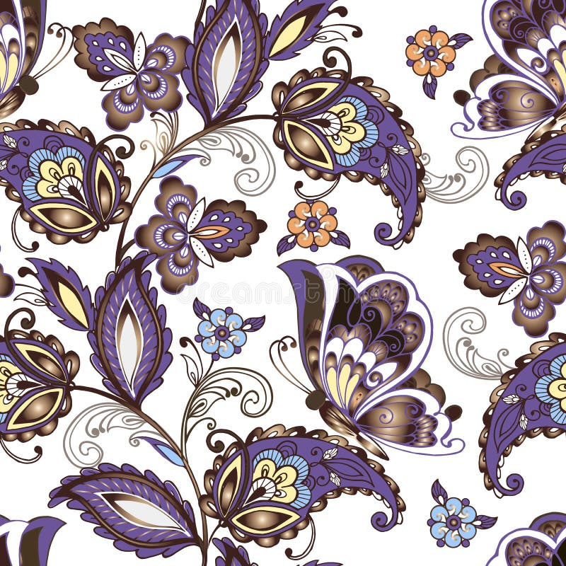 Seamless oriental floral pattern with butterflies. Vintage flowers seamless ornament in blue colors. Decorative ornament backdrop for fabric, textile, wrapping paper. Vector illustration. Seamless oriental floral pattern with butterflies. Vintage flowers seamless ornament in blue colors. Decorative ornament backdrop for fabric, textile, wrapping paper. Vector illustration.