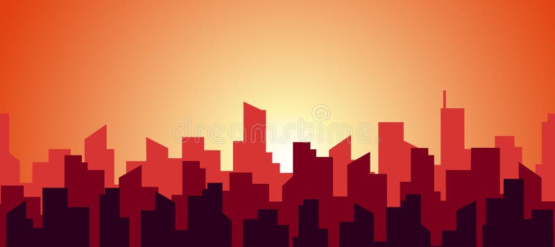 Naadloos panorama van een hete ochtend in een grote stad Het silhouet van de daken van wolkenkrabbers in rood en oranje warm stock illustratie Naadloos panorama van een hete ochtend in een grote stad Het silhouet van de daken van wolkenkrabbers in rood en oranje warm stock illustratie