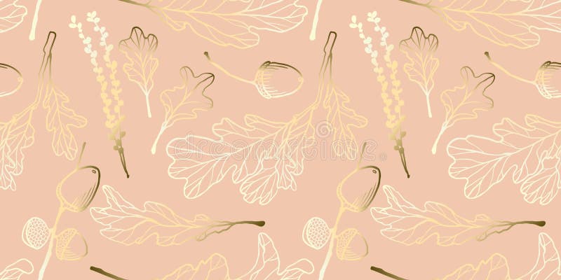 Naadloos patroon, hand getrokken gouden eiken bladeren, eikels en eiken bloemen stock illustratie Naadloos patroon, hand getrokken gouden eiken bladeren, eikels en eiken bloemen stock illustratie