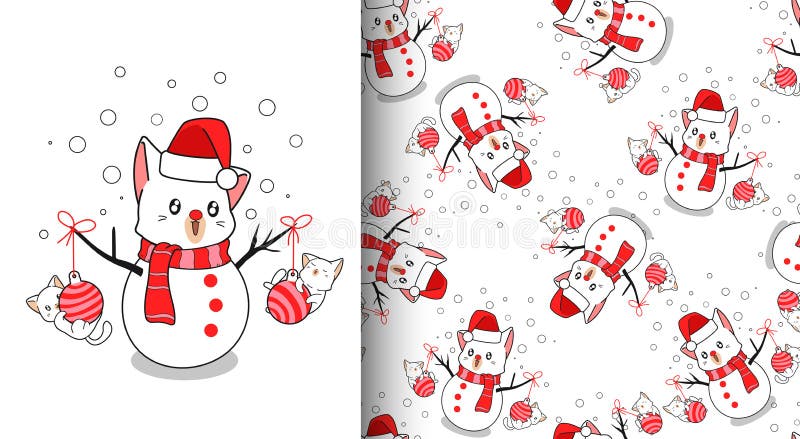 Naadloos patroon kawaï sneeuwkat tijdens winterdag vector illustratie Naadloos patroon kawaï sneeuwkat tijdens winterdag vector illustratie