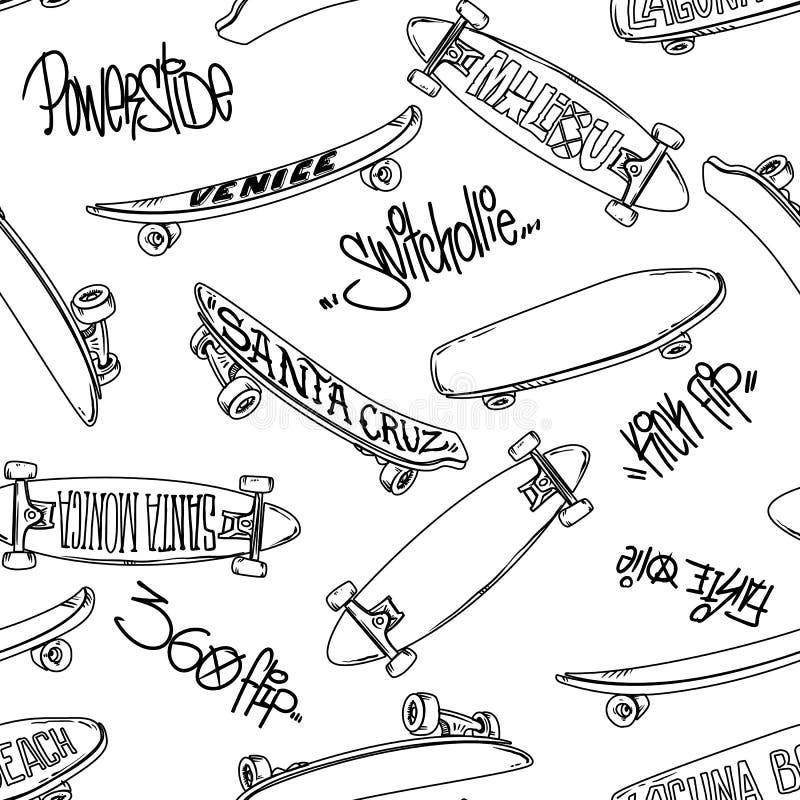Naadloos patroon met beeldverhaal het met een skateboard rijden en van de graffitiinschrijving truc, Vleetachtergrond royalty-vrije illustratie Naadloos patroon met beeldverhaal het met een skateboard rijden en van de graffitiinschrijving truc, Vleetachtergrond royalty-vrije illustratie
