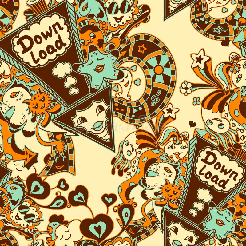 Naadloos patroon met blauwe gele bruin van krabbelmonsters stock illustratie Naadloos patroon met blauwe gele bruin van krabbelmonsters stock illustratie