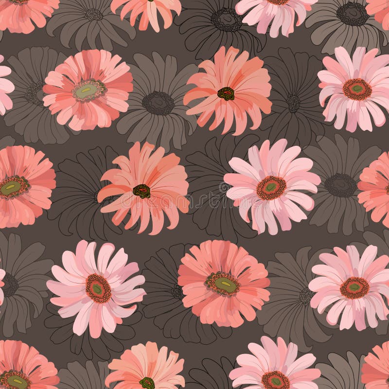 Naadloos patroon met de bloemen van het gerberakoraal op een donkere achtergrond Vector vector illustratie Naadloos patroon met de bloemen van het gerberakoraal op een donkere achtergrond Vector vector illustratie