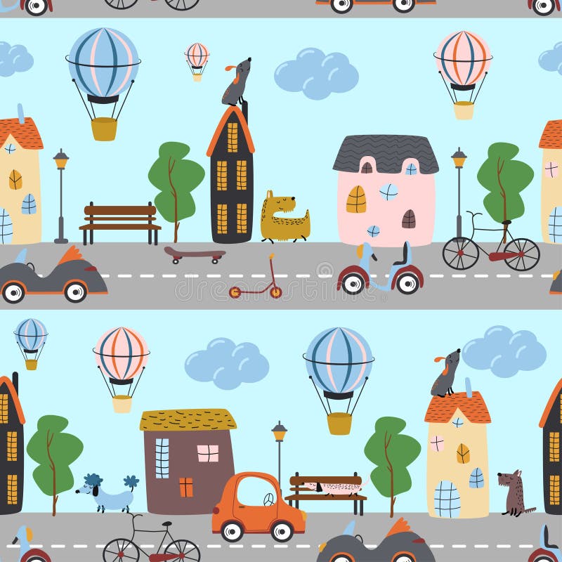 Naadloos patroon met de honden en het vervoer van stadsstraten - vectorillustratie, eps vector illustratie Naadloos patroon met de honden en het vervoer van stadsstraten - vectorillustratie, eps vector illustratie
