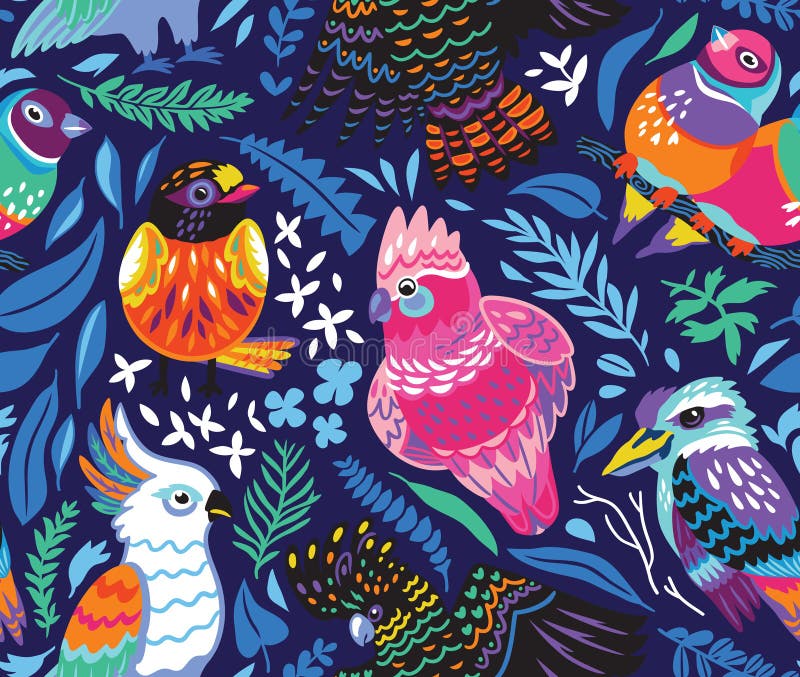 Naadloos patroon met exotische Australische vogels en tropische bladeren op marineblauwe achtergrond Naadloos patroon met exotische Australische vogels en tropische bladeren op marineblauwe achtergrond