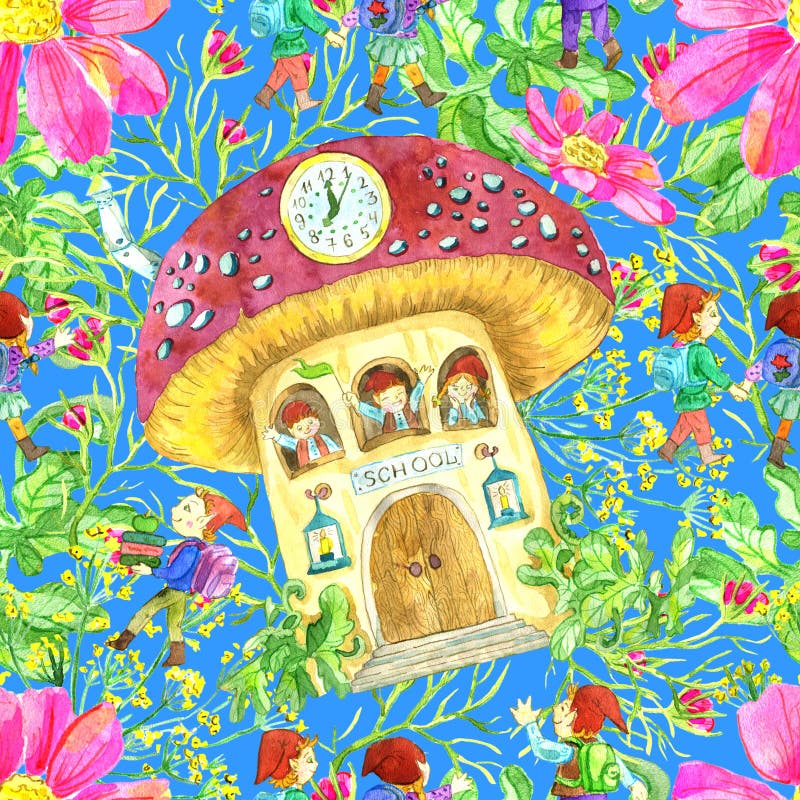 Naadloos patroon met gnoomschool in paddestoel en leerlingen op blauw royalty-vrije illustratie Naadloos patroon met gnoomschool in paddestoel en leerlingen op blauw royalty-vrije illustratie