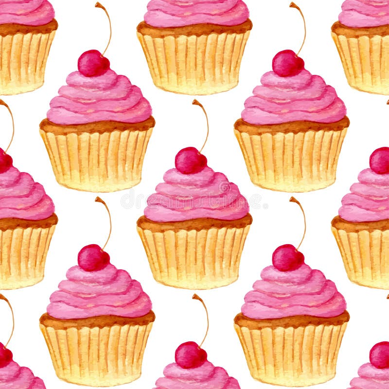 Naadloos patroon met hand geschilderde waterverf zoete cupcake en kers Vectorachtergrond met roze kleurrijke cakes Druk, pakket royalty-vrije illustratie Naadloos patroon met hand geschilderde waterverf zoete cupcake en kers Vectorachtergrond met roze kleurrijke cakes Druk, pakket royalty-vrije illustratie