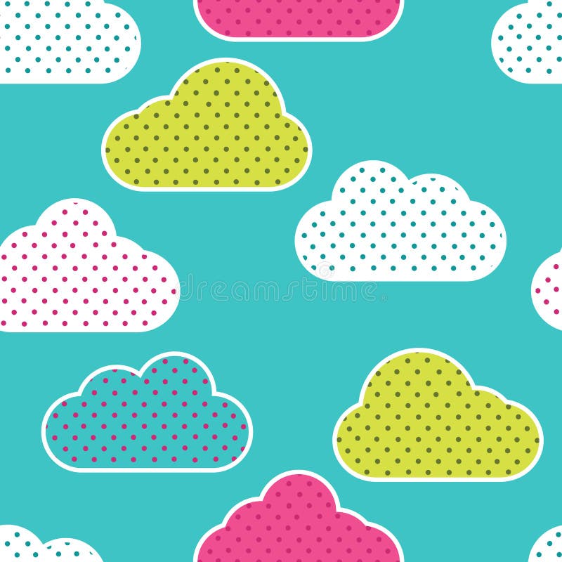 Naadloos patroon met kleurrijke wolkensilhouetten op groene achtergrond Wolken in stippen royalty-vrije illustratie Naadloos patroon met kleurrijke wolkensilhouetten op groene achtergrond Wolken in stippen royalty-vrije illustratie