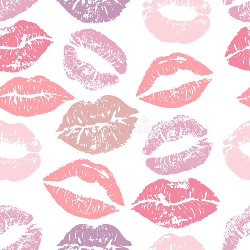 Naadloos patroon met lippenstiftkussen Kleurrijke lippen van zachte purpere en roze die schaduwen op een witte achtergrond worden