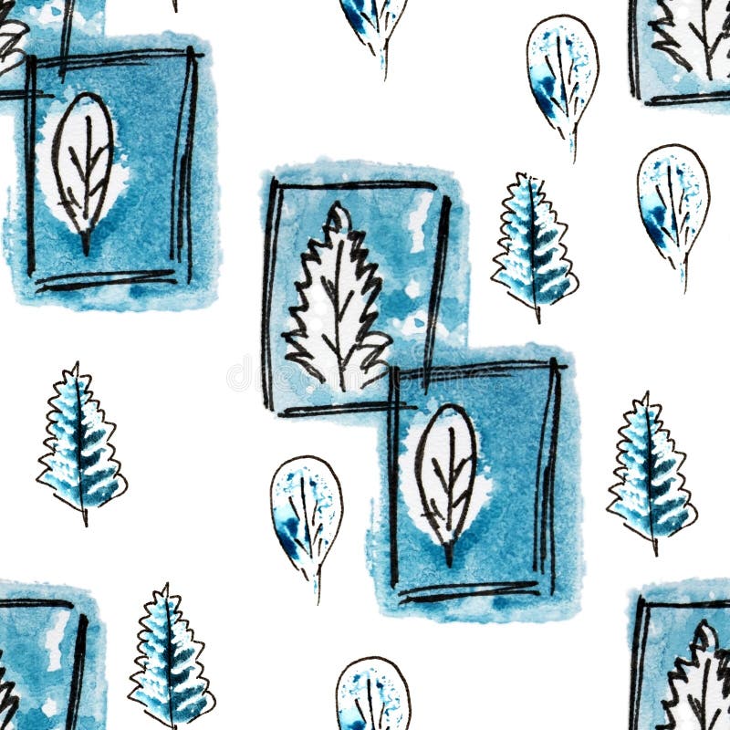 Naadloos patroon met marineblauwe boom, blad in de winter Hand getrokken zwarte, koude blauwe en witte illustratie uit de vrije h vector illustratie Naadloos patroon met marineblauwe boom, blad in de winter Hand getrokken zwarte, koude blauwe en witte illustratie uit de vrije h vector illustratie
