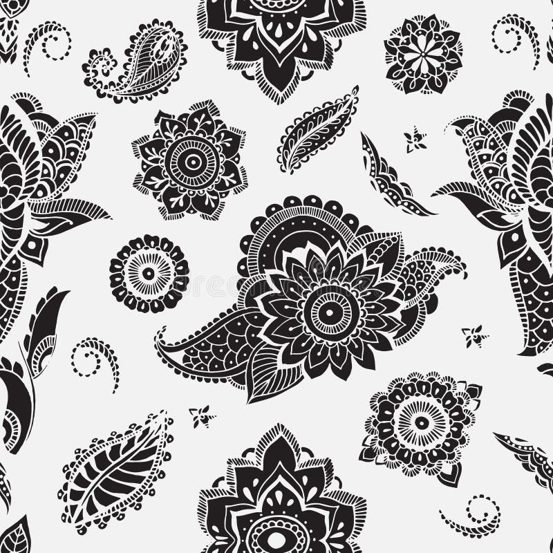 Naadloos patroon met mehndielementen Bloemenbehang met gestileerde bloemen, bladeren, Indisch Paisley Vector zwart en vector illustratie Naadloos patroon met mehndielementen Bloemenbehang met gestileerde bloemen, bladeren, Indisch Paisley Vector zwart en vector illustratie