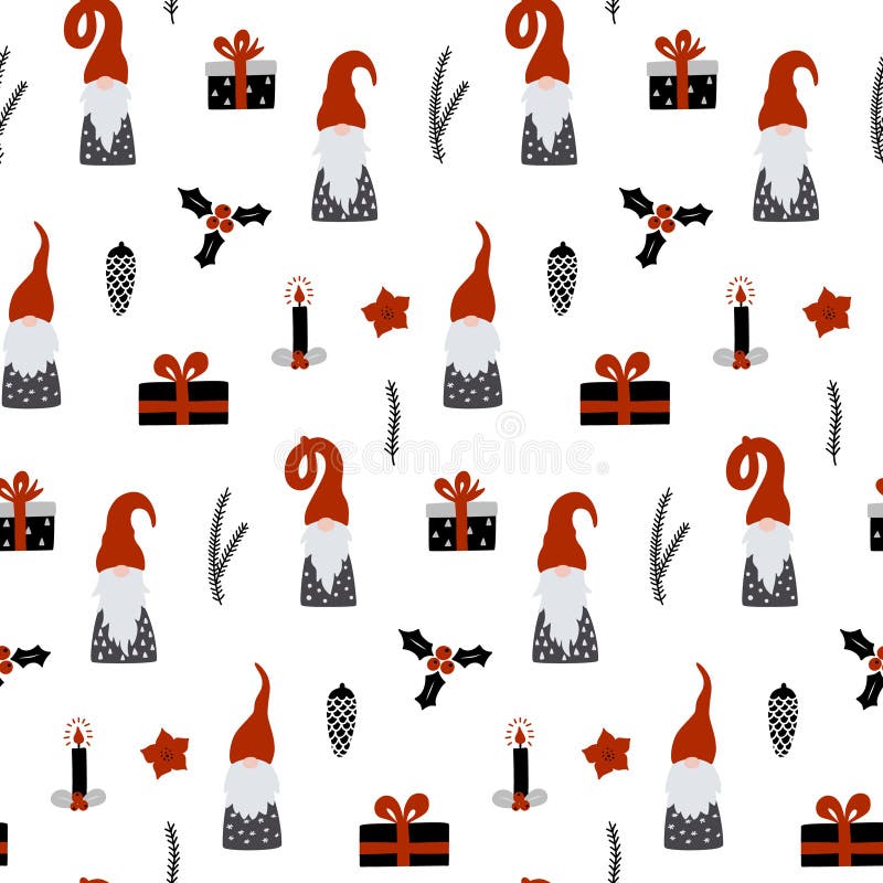 Seamless pattern with Nordic Gnomes and christmas festive decorations. Hand drawn scandinavian print. Winter holidays vector wallpaper. Seamless pattern with Nordic Gnomes and christmas festive decorations. Hand drawn scandinavian print. Winter holidays vector wallpaper.