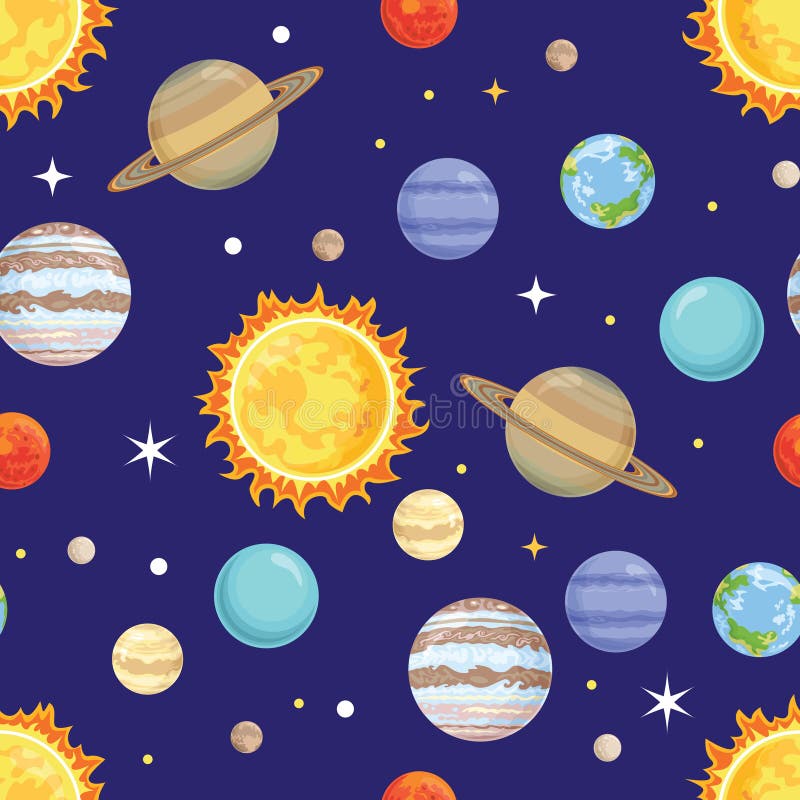 Naadloos patroon met planeten van het zonnestelsel op een donkerblauwe achtergrond Vectorillustratie van de ruimte royalty-vrije illustratie Naadloos patroon met planeten van het zonnestelsel op een donkerblauwe achtergrond Vectorillustratie van de ruimte royalty-vrije illustratie