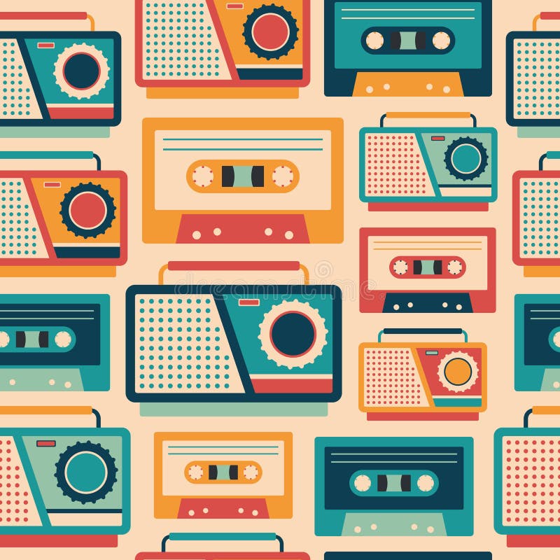 Naadloos patroon met retro bandrecorders en cassettes royalty-vrije illustratie Naadloos patroon met retro bandrecorders en cassettes royalty-vrije illustratie