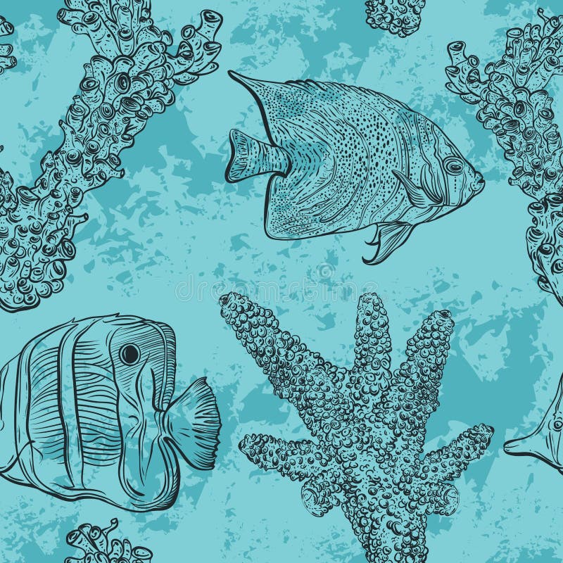 Naadloos patroon met tropische vissen, mariene installaties en koralen Uitstekende getrokken hand het vectorillustratie mariene l royalty-vrije illustratie Naadloos patroon met tropische vissen, mariene installaties en koralen Uitstekende getrokken hand het vectorillustratie mariene l royalty-vrije illustratie