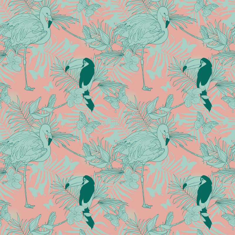 Naadloos patroon met tropische vogels, installaties en vlinders vector illustratie Naadloos patroon met tropische vogels, installaties en vlinders vector illustratie