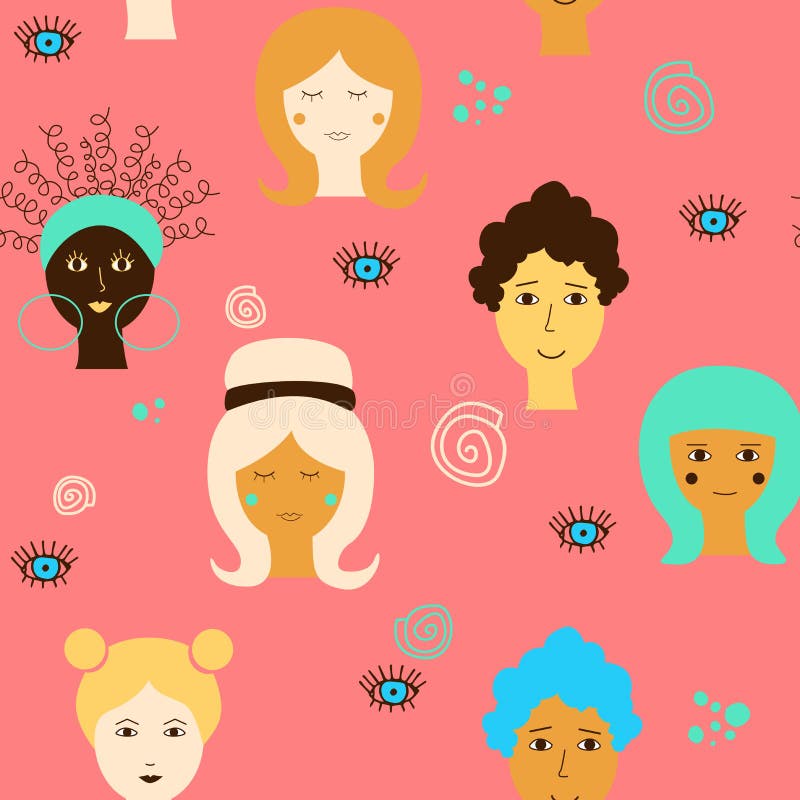 Naadloos patroon met verschillende het behoren tot een bepaald ras vrouwelijke gezichten op een roze achtergrond Vectortekening v royalty-vrije illustratie Naadloos patroon met verschillende het behoren tot een bepaald ras vrouwelijke gezichten op een roze achtergrond Vectortekening v royalty-vrije illustratie