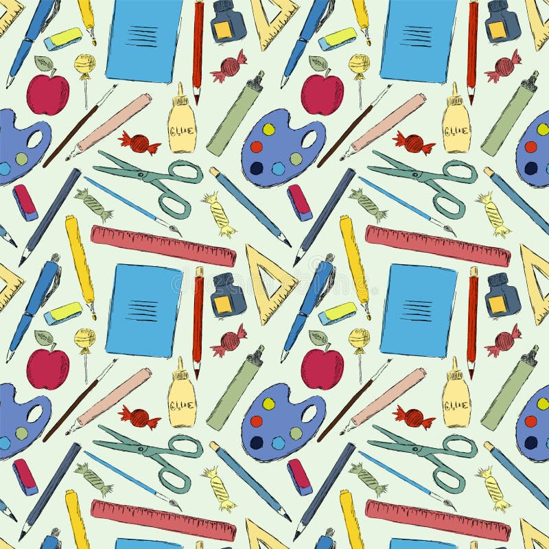 Naadloos patroon met verschillende kleurrijke schoollevering op blauwe achtergrond Vector illustratie royalty-vrije illustratie Naadloos patroon met verschillende kleurrijke schoollevering op blauwe achtergrond Vector illustratie royalty-vrije illustratie