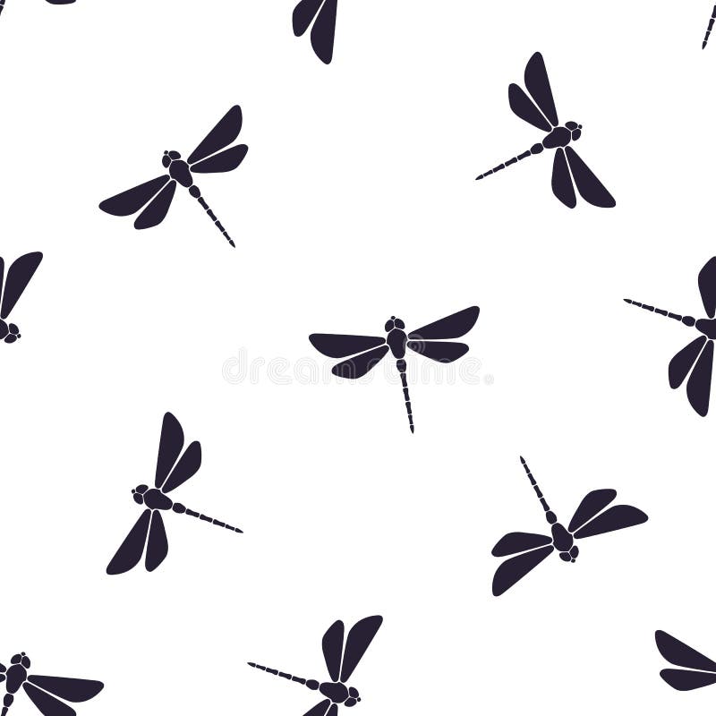 Seamless vector illustration. Pattern with silhouettes of flying dragonfly with a straight body on white background. Seamless vector illustration. Pattern with silhouettes of flying dragonfly with a straight body on white background