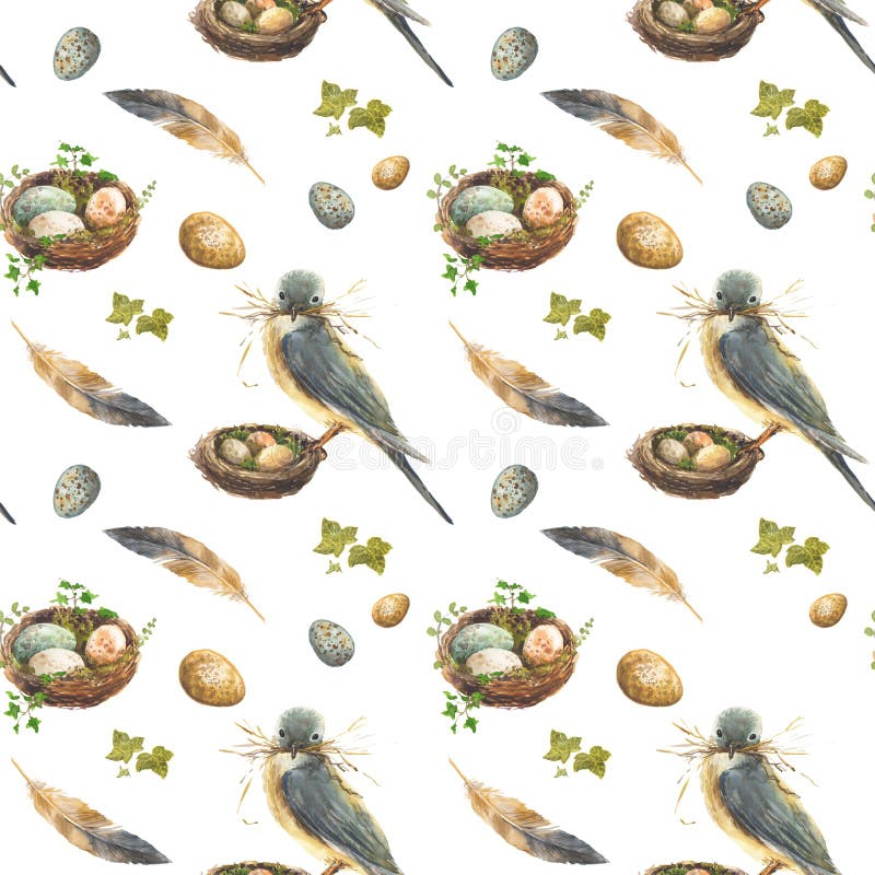 Naadloos patroon met vogel op het nest, de eieren en de veren royalty-vrije illustratie Naadloos patroon met vogel op het nest, de eieren en de veren royalty-vrije illustratie