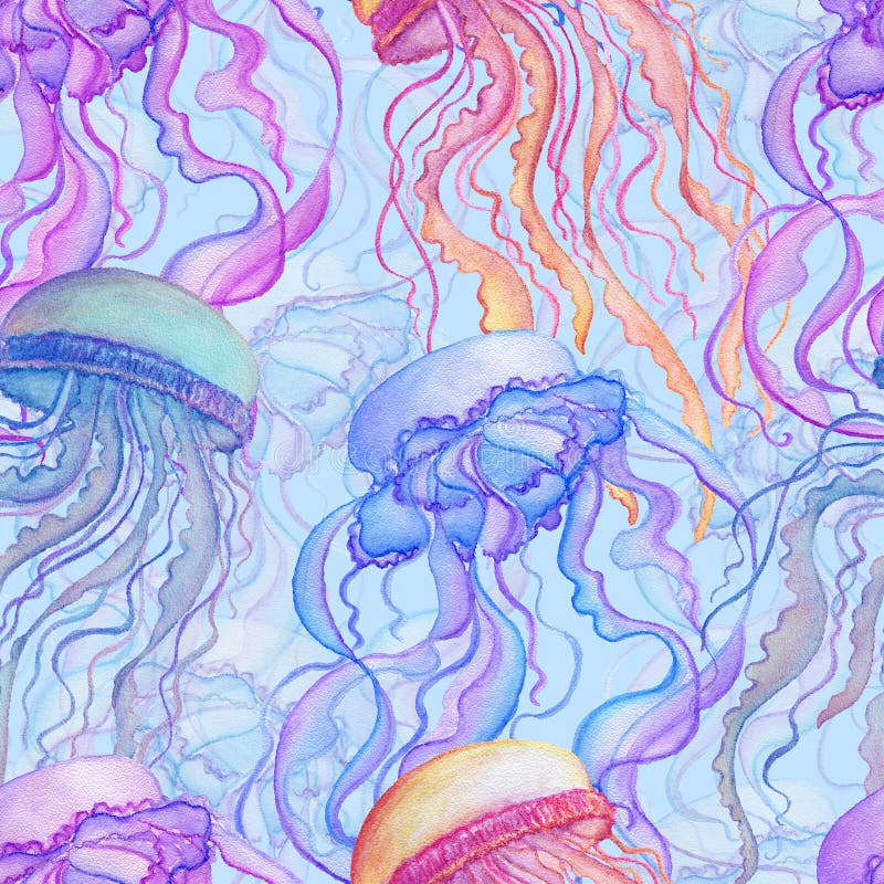 Naadloos patroon met waterverfkwallen op blauwe achtergrond vector illustratie Naadloos patroon met waterverfkwallen op blauwe achtergrond vector illustratie