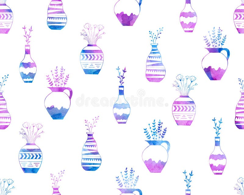 Naadloos patroon van bloemen in vazen in waterverfroze en blauw vector illustratie Naadloos patroon van bloemen in vazen in waterverfroze en blauw vector illustratie