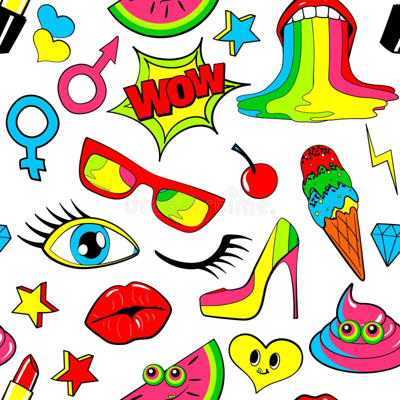 Naadloos patroon van de kentekens van het manierflard lippen, kus, hart, toespraakbel, ster, roomijs, lippenstift, oog, shit Vect vector illustratie Naadloos patroon van de kentekens van het manierflard lippen, kus, hart, toespraakbel, ster, roomijs, lippenstift, oog, shit Vect vector illustratie