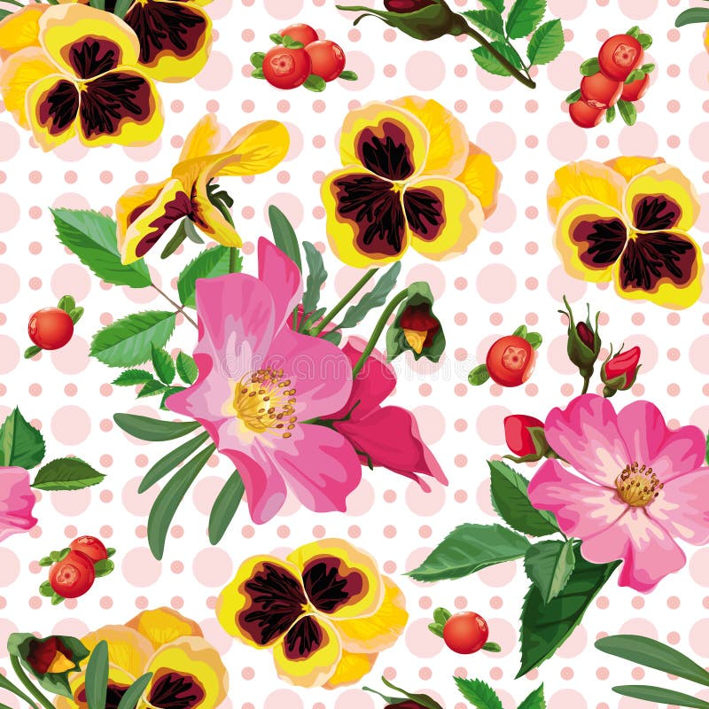 Naadloos patroon van de rozen, pansies en de bessen stock illustratie Naadloos patroon van de rozen, pansies en de bessen stock illustratie