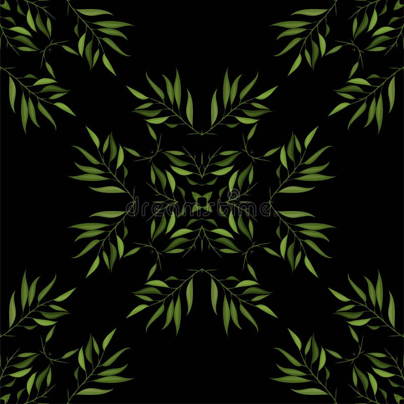 Naadloos patroon van groene beeldverhaalbladeren en takjes Vector stock illustratie Naadloos patroon van groene beeldverhaalbladeren en takjes Vector stock illustratie