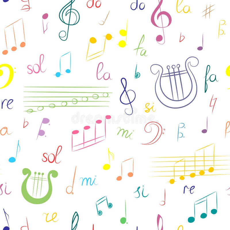 Naadloos Patroon van Hand Getrokken Reeks Muzieksymbolen Kleurrijke Krabbelg-sleutel, Bass Clef, Nota's en Lier De stijl van de s vector illustratie Naadloos Patroon van Hand Getrokken Reeks Muzieksymbolen Kleurrijke Krabbelg-sleutel, Bass Clef, Nota's en Lier De stijl van de s vector illustratie