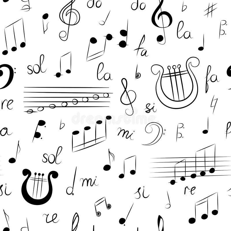 Naadloos Patroon van Hand Getrokken Reeks Muzieksymbolen Krabbelg-sleutel, Bass Clef, Nota's en Lier De stijl van de schets stock illustratie Naadloos Patroon van Hand Getrokken Reeks Muzieksymbolen Krabbelg-sleutel, Bass Clef, Nota's en Lier De stijl van de schets stock illustratie