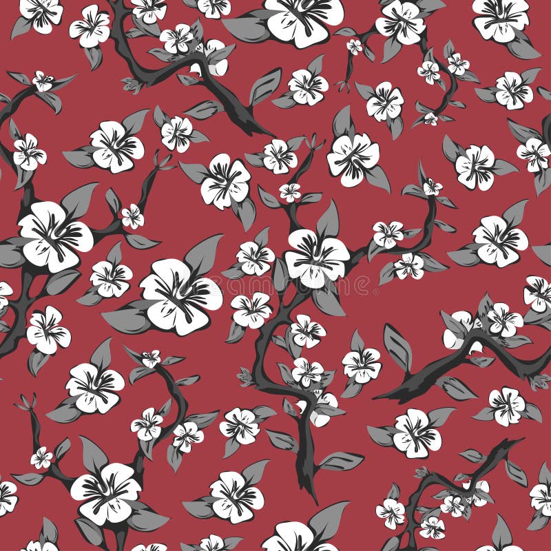 Naadloos patroon van takken en witte bloemen op een roze achtergrond Abstracte bloeiende appelboom in zwart-wit stock illustratie Naadloos patroon van takken en witte bloemen op een roze achtergrond Abstracte bloeiende appelboom in zwart-wit stock illustratie