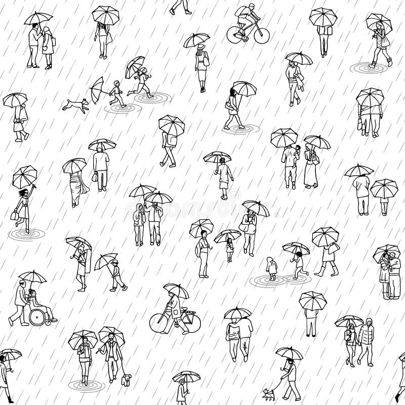 Pedestrians in the street, a diverse collection of small hand drawn men, women and kids walking through the rain. Pedestrians in the street, a diverse collection of small hand drawn men, women and kids walking through the rain