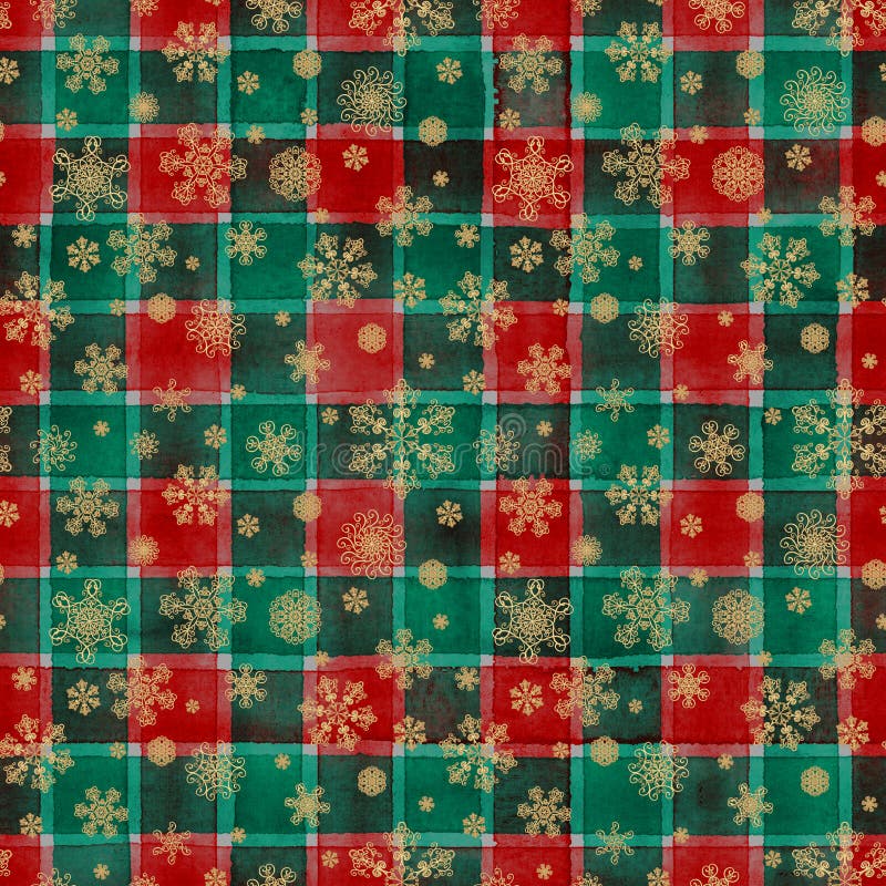 Watercolor stripe plaid seamless pattern. Red and green stripes and golden snowflakes background. Watercolour hand drawn striped texture. Print for winter textile, fabric, wallpaper, wrapping, tile. Watercolor stripe plaid seamless pattern. Red and green stripes and golden snowflakes background. Watercolour hand drawn striped texture. Print for winter textile, fabric, wallpaper, wrapping, tile