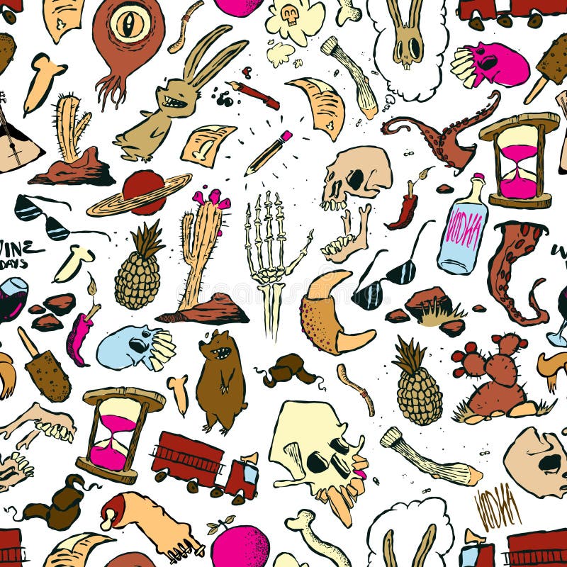 Naadloos Patroon van Willekeurige Krabbels en Tekeningen van Voorwerpen en Schepselen stock illustratie Naadloos Patroon van Willekeurige Krabbels en Tekeningen van Voorwerpen en Schepselen stock illustratie