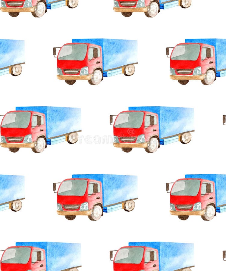 Naadloos patroonvervoer en logistisch van waterverf middelgrote vrachtwagen met blauw lichaam en rode cabine vector illustratie Naadloos patroonvervoer en logistisch van waterverf middelgrote vrachtwagen met blauw lichaam en rode cabine vector illustratie